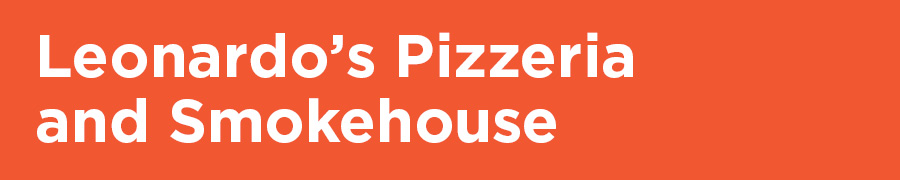 Leonardo's Pizzeria and Smokehouse written in white text on an orange background