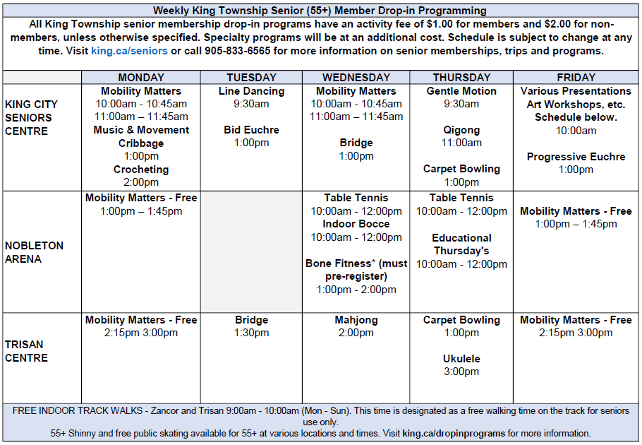 Senior (55+) Member Drop-in Schedule