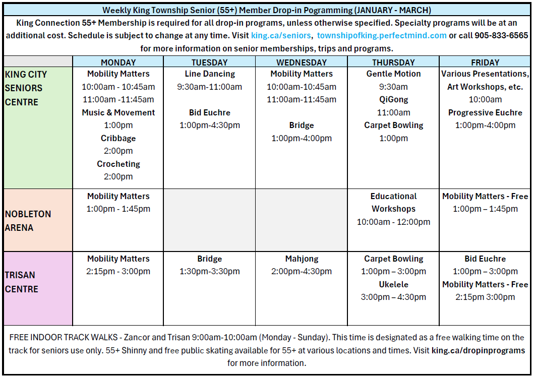 Senior (55+) Member Drop-in Schedule