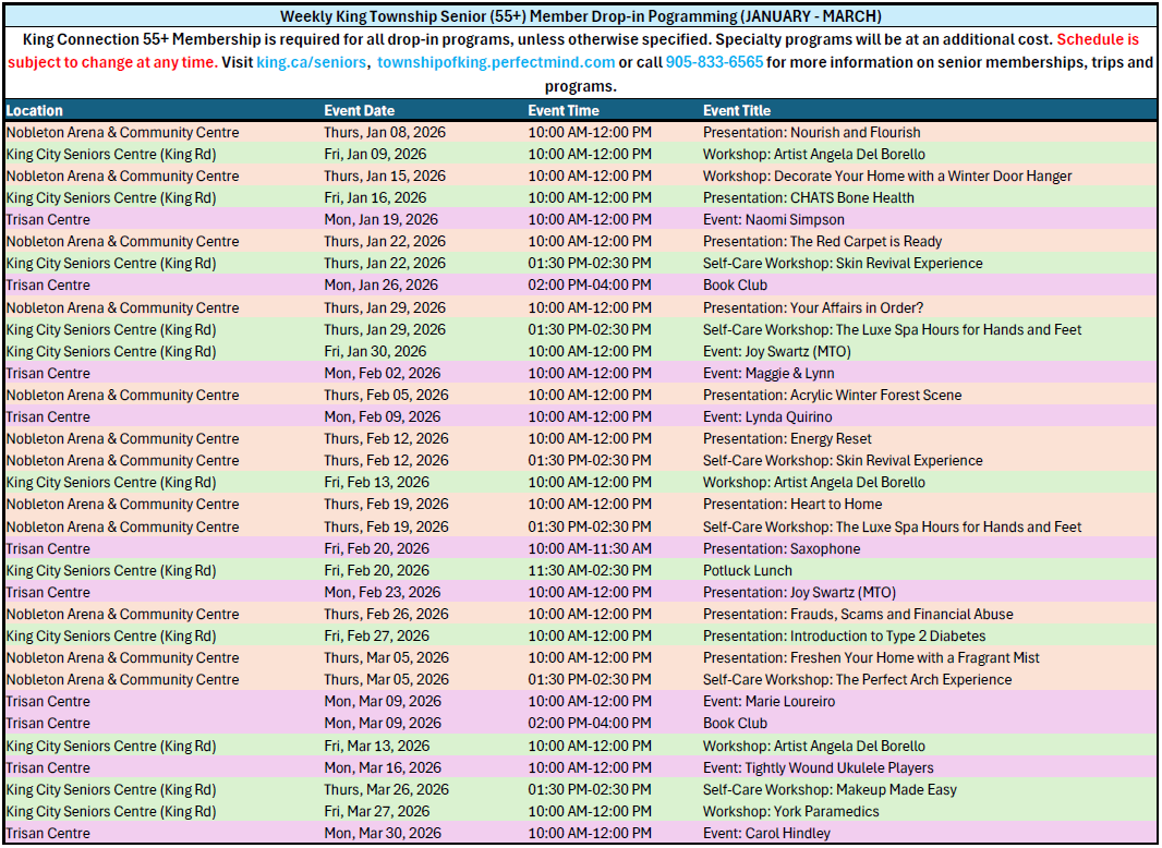 Senior (55+) Member Program Schedule