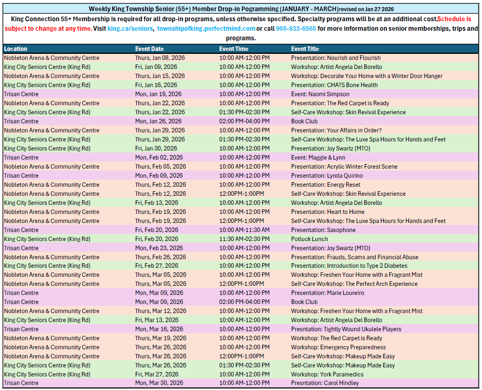 King Seniors Workshop-Event-Presentation Schedule Listing - Jan to March 2026