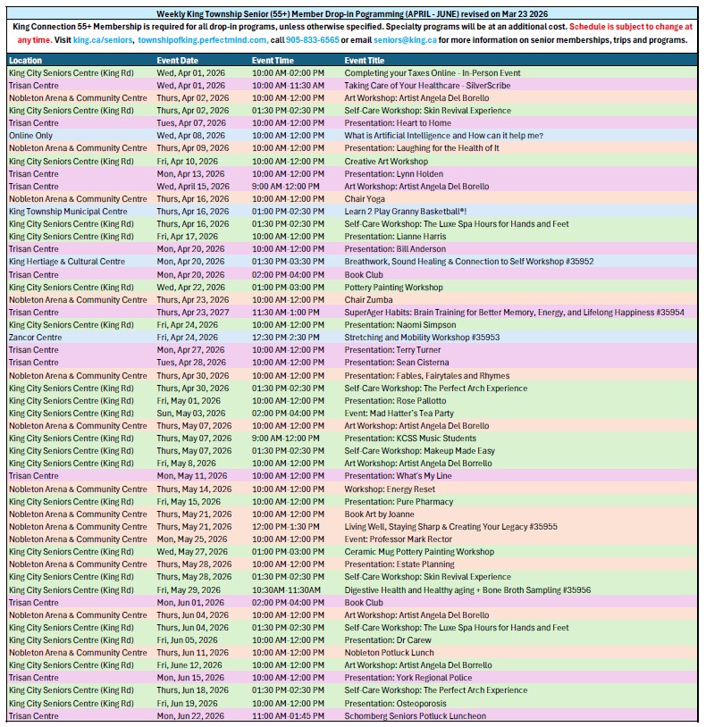 Senior (55+) Member Drop-in Schedule