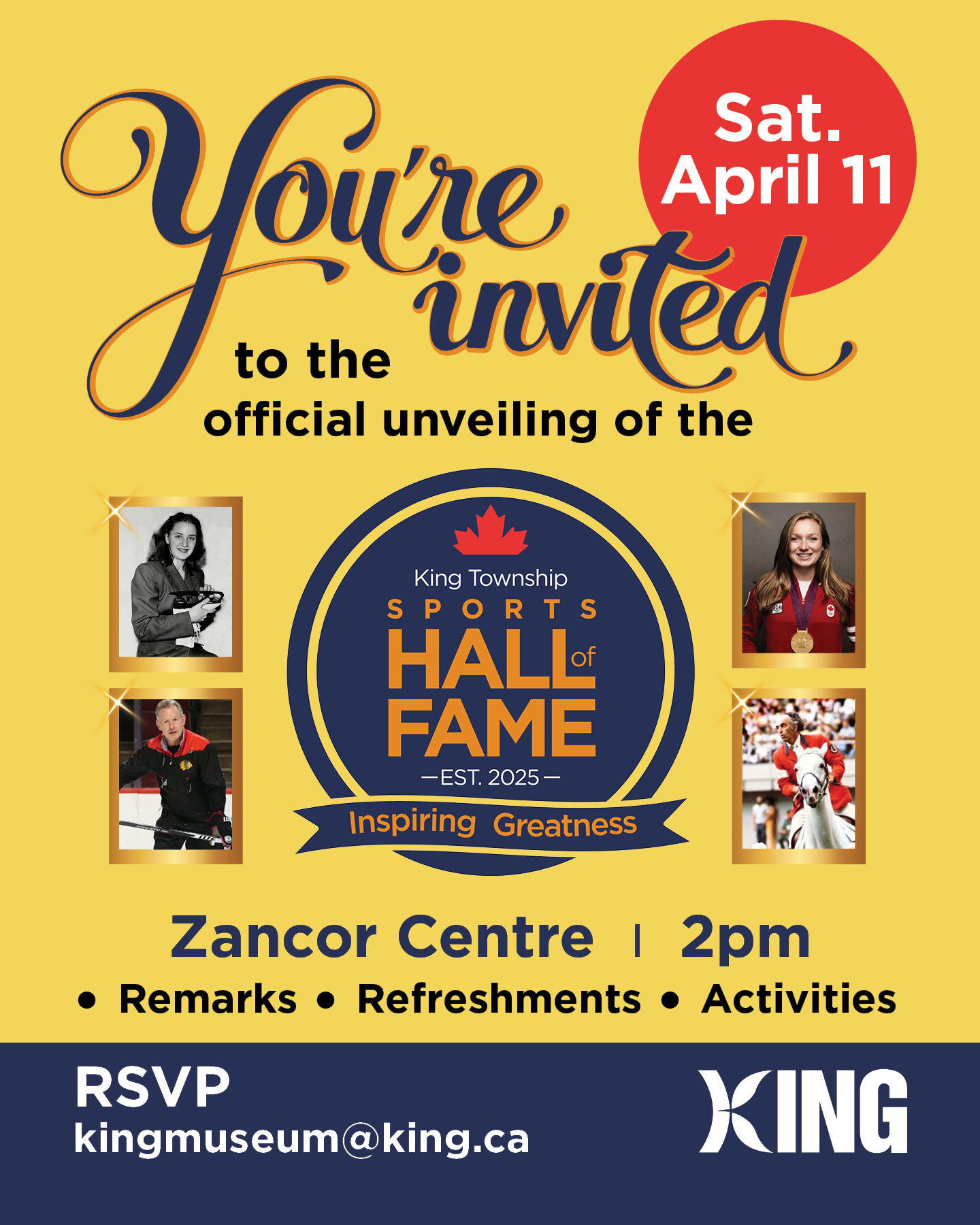 You're invited to the official unveiling of the Sports Hall of Fame at Zancor Centre on April 11
