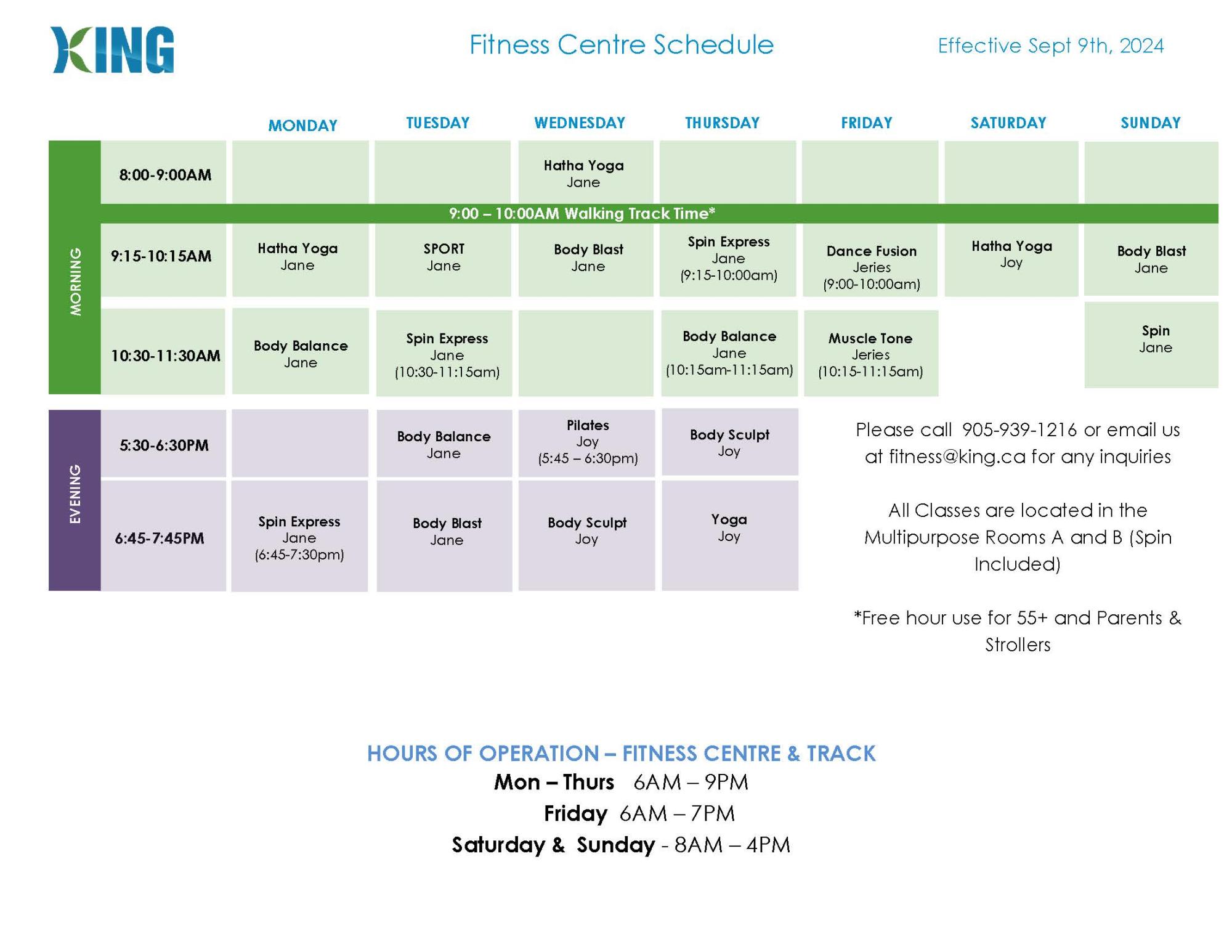 Group Exercise Schedule as of Sept 2024