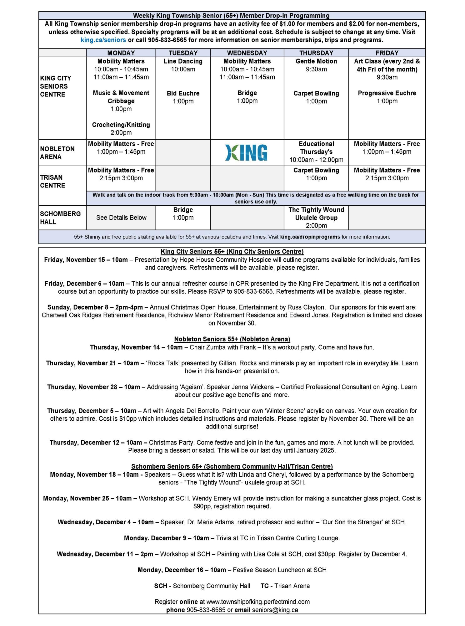 Senior (55+) Member Drop-in Schedule